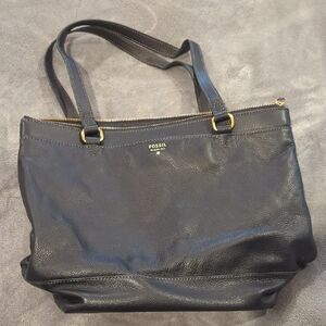 Fossil Dark Leather Tote with Gold Accents